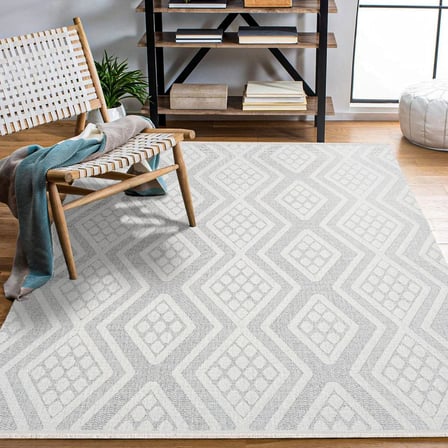 Ekru Beyaz Geometrik Desenli Kaymaz Taban Salon Halısı Dijital Baskı Modern Tasarım