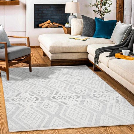 Ekru Beyaz Geometrik Desenli Kaymaz Taban Salon Halısı Dijital Baskı Modern Tasarım