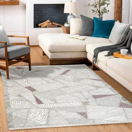 Ekru Geometrik Desenli Dijital Baskı Modern Salon Halısı Kaymaz Tabanlı Yıkanabilir