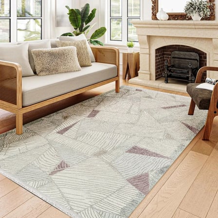 Ekru Geometrik Desenli Dijital Baskı Modern Salon Halısı Kaymaz Tabanlı Yıkanabilir
