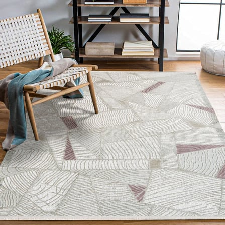 Ekru Geometrik Desenli Dijital Baskı Modern Salon Halısı Kaymaz Tabanlı Yıkanabilir