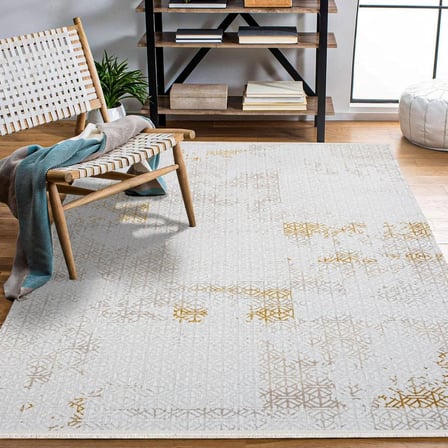 Ekru Geometrik Desenli Kaymaz Taban Salon Halısı Modern Dijital Baskı