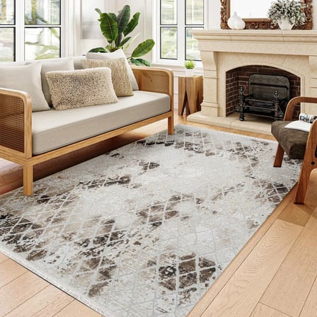 Ekru Geometrik Desenli Dijital Baskı Salon Halısı Kaymaz Tabanlı Koridor