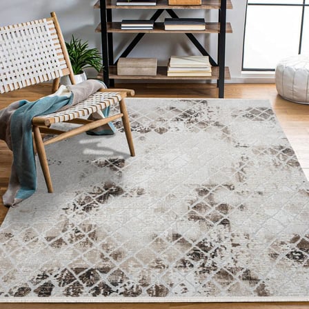 Ekru Geometrik Desenli Dijital Baskı Salon Halısı Kaymaz Tabanlı Koridor