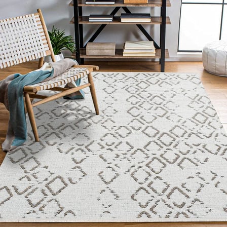 Krem Geometrik Desenli Salon Halısı Dijital Baskı Kaymaz Tabanlı Koridor