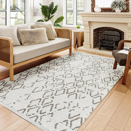 Krem Geometrik Desenli Salon Halısı Dijital Baskı Kaymaz Tabanlı Koridor