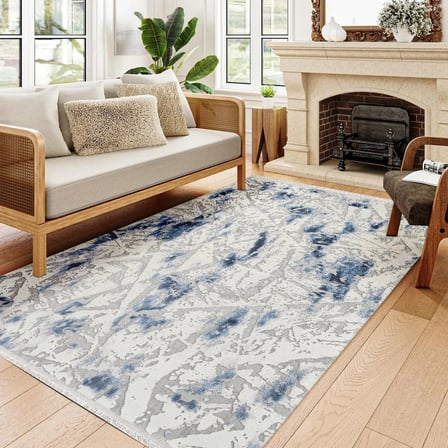 Saten Beyaz Mavi Soyut Desenli Kaymaz Taban Salon Halısı Koridor Uyumlu Modern Stil