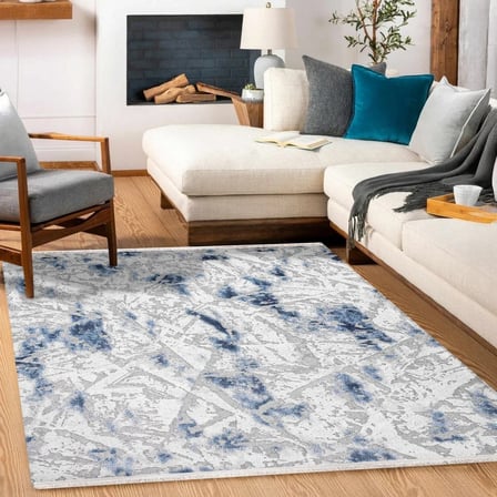 Saten Beyaz Mavi Soyut Desenli Kaymaz Taban Salon Halısı Koridor Uyumlu Modern Stil
