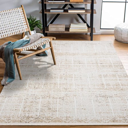 Krem Geometrik Desenli Eskitme Salon Halısı Kaymaz Tabanlı Koridor Tipi
