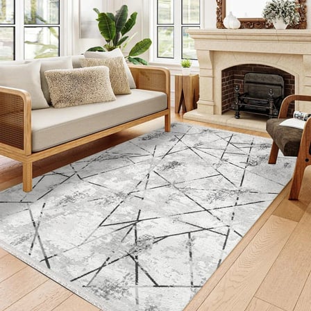 Gri Geometrik Desenli Modern Salon Halısı Dijital Baskı Kaymaz Taban