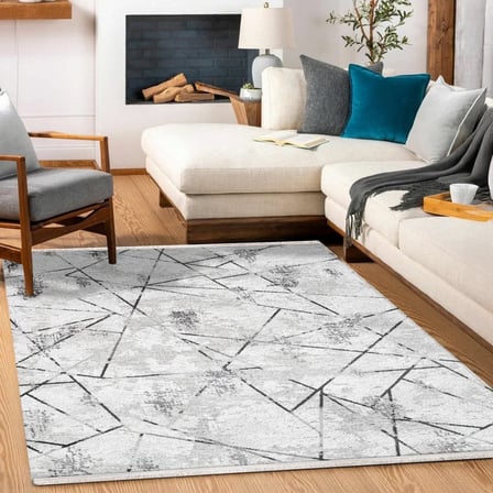 Gri Geometrik Desenli Modern Salon Halısı Dijital Baskı Kaymaz Taban