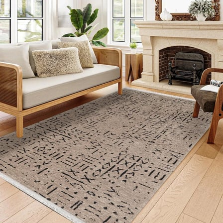 Bej Geometrik Desenli Kaymaz Taban Dijital Baskı Salon ve Koridor Halısı