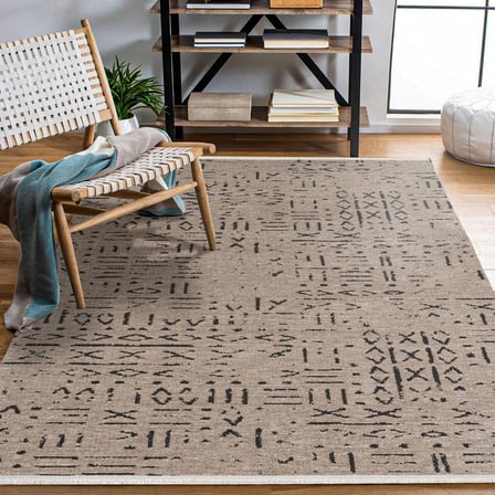 Bej Geometrik Desenli Kaymaz Taban Dijital Baskı Salon ve Koridor Halısı