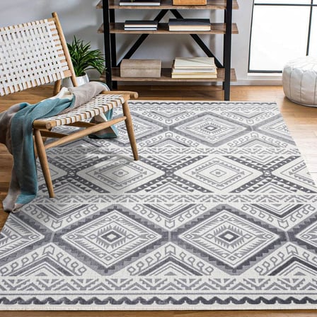 Gri Etnik Geometrik Desenli Kaymaz Taban Salon Halısı Koridor Uyumlu