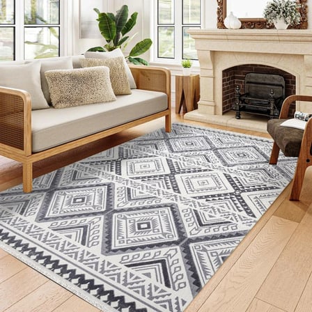 Gri Etnik Geometrik Desenli Kaymaz Taban Salon Halısı Koridor Uyumlu