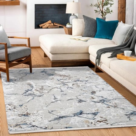 Açık Gri Mavi Soyut Desenli Yıkanabilir Halı Modern Salon Koridor Dijital Baskı