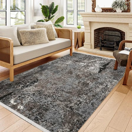 Antrasit Gri Soyut Desenli Modern Eskitme Salon Halısı Kaymaz Tabanlı