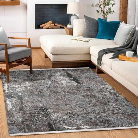 Antrasit Gri Soyut Desenli Modern Eskitme Salon Halısı Kaymaz Tabanlı
