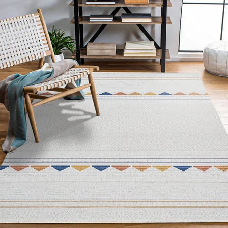 Ekru Beyaz Bohem Geometrik Desenli Dijital Baskı Salon ve Koridor Halısı