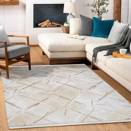 Ekru Krem Geometrik Desenli Modern Salon Halısı Dijital Baskı Kaymaz Tabanlı