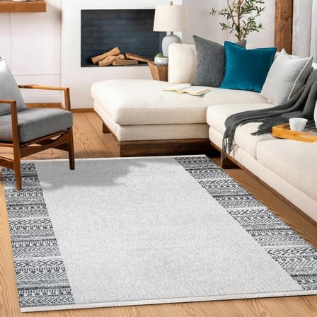 Gri Etnik Bordürlü Salon Halısı Kaymaz Tabanlı Dijital Baskı Koridor Modeli