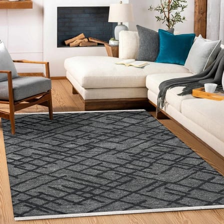 Antrasit Gri Modern Geometrik Desenli Kaymaz Salon Halısı Koridor İçin