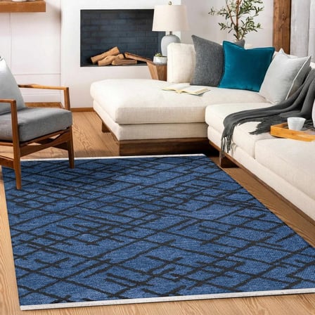 Lacivert Mavi Geometrik Desenli Kaymaz Tabanlı Dijital Baskı Modern Salon Halısı