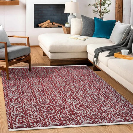 Kırmızı Gri Geometrik Desenli Kaymaz Taban Modern Salon Koridor Halısı