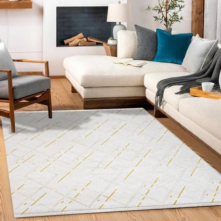 Sarı Ekru Geometrik Desenli Dijital Baskı Modern Salon Halısı Kaymaz Tabanlı