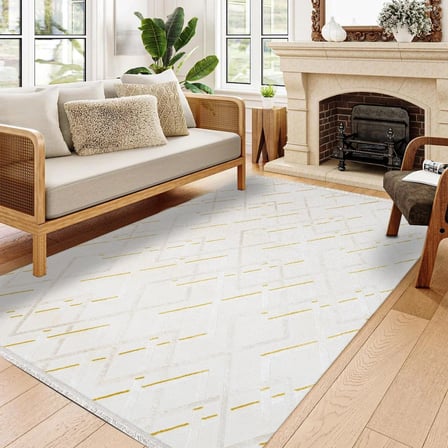 Sarı Ekru Geometrik Desenli Dijital Baskı Modern Salon Halısı Kaymaz Tabanlı