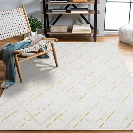 Sarı Ekru Geometrik Desenli Dijital Baskı Modern Salon Halısı Kaymaz Tabanlı