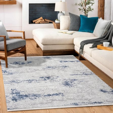 Ekru Mavi Soyut Desenli Kaymaz Tabanlı Modern Dijital Baskı Salon Halısı