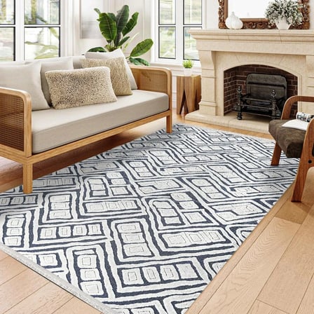 Beyaz Lacivert Geometrik Desenli Modern Dijital Baskı Kaymaz Tabanlı Koridor Salon Halısı