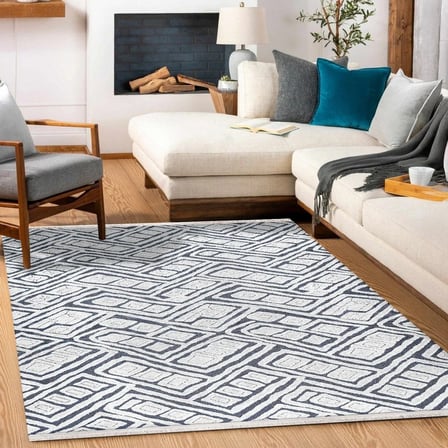 Beyaz Lacivert Geometrik Desenli Modern Dijital Baskı Kaymaz Tabanlı Koridor Salon Halısı