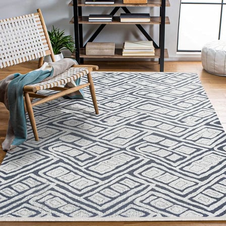 Beyaz Lacivert Geometrik Desenli Modern Dijital Baskı Kaymaz Tabanlı Koridor Salon Halısı