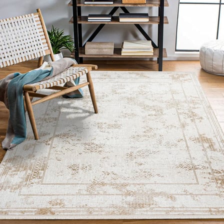 Ekru Krem Geometrik Desenli Eskitme Stil Salon Halısı Dijital Baskı Kaymaz Taban