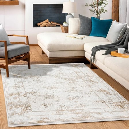 Ekru Krem Geometrik Desenli Eskitme Stil Salon Halısı Dijital Baskı Kaymaz Taban