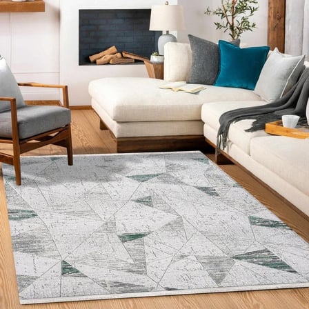 Gri Geometrik Desenli Salon Halısı Modern Kaymaz Tabanlı Dijital Baskı