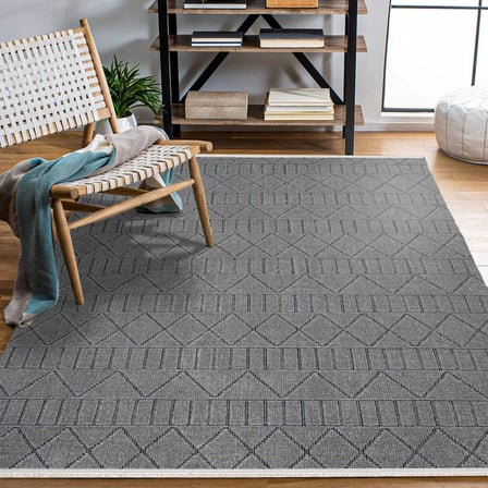 Antrasit Gri Geometrik Desenli Yıkanabilir Kaymaz Tabanlı Dijital Baskı Salon Halısı