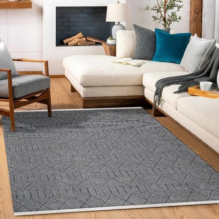 Antrasit Gri Geometrik Desenli Yıkanabilir Kaymaz Tabanlı Dijital Baskı Salon Halısı