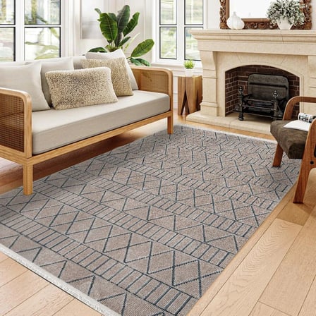 Bej Geometrik Desenli Kaymaz Tabanlı Modern Salon Halısı Dijital Baskı