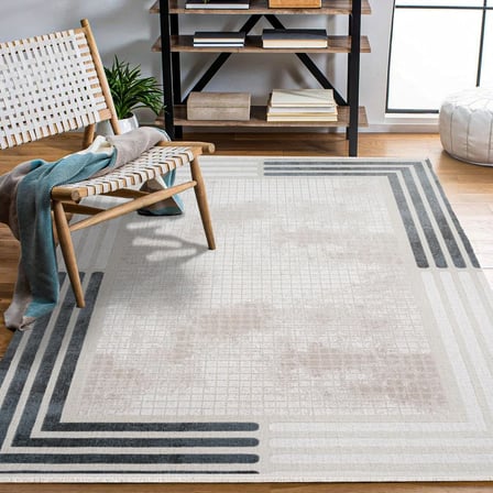 Krem Geometrik Desenli Modern Dijital Baskı Salon Halısı Kaymaz Tabanlı
