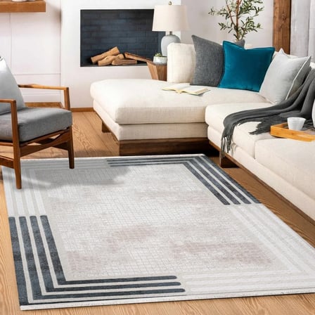 Krem Geometrik Desenli Modern Dijital Baskı Salon Halısı Kaymaz Tabanlı