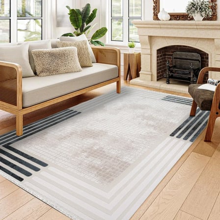 Krem Geometrik Desenli Modern Dijital Baskı Salon Halısı Kaymaz Tabanlı