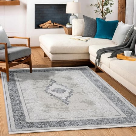 Krem Gri Madalyon Desenli Dijital Baskı Halı Klasik Salon ve Koridor İçin