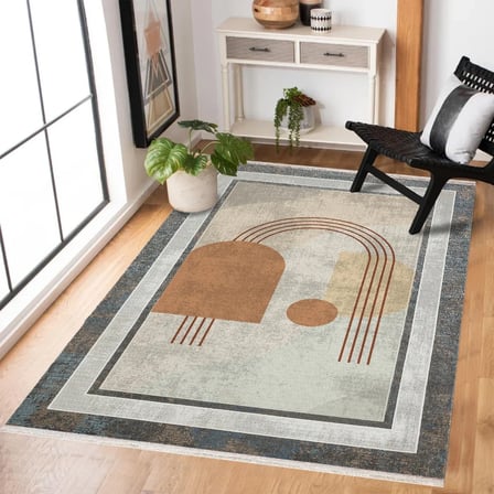 Gri Geometrik Desenli Modern Salon Halısı Dijital Baskı Kaymaz Tabanlı