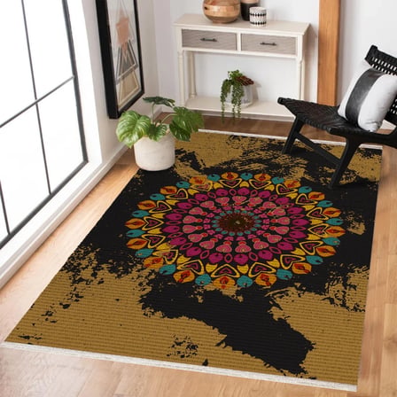 Bohem Geometrik Desenli Siyah Çok Renkli Dijital Baskı Salon Halısı Kaymaz Taban