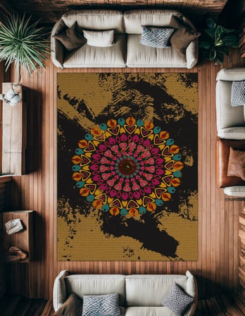 Bohem Geometrik Desenli Siyah Çok Renkli Dijital Baskı Salon Halısı Kaymaz Taban