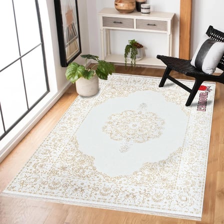 Ekru Beyaz Klasik Madalyon Desenli Dijital Baskı Salon Halısı Yumuşak Dokulu Kaymaz