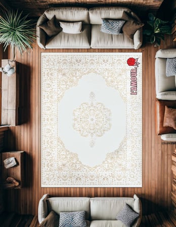Ekru Beyaz Klasik Madalyon Desenli Dijital Baskı Salon Halısı Yumuşak Dokulu Kaymaz